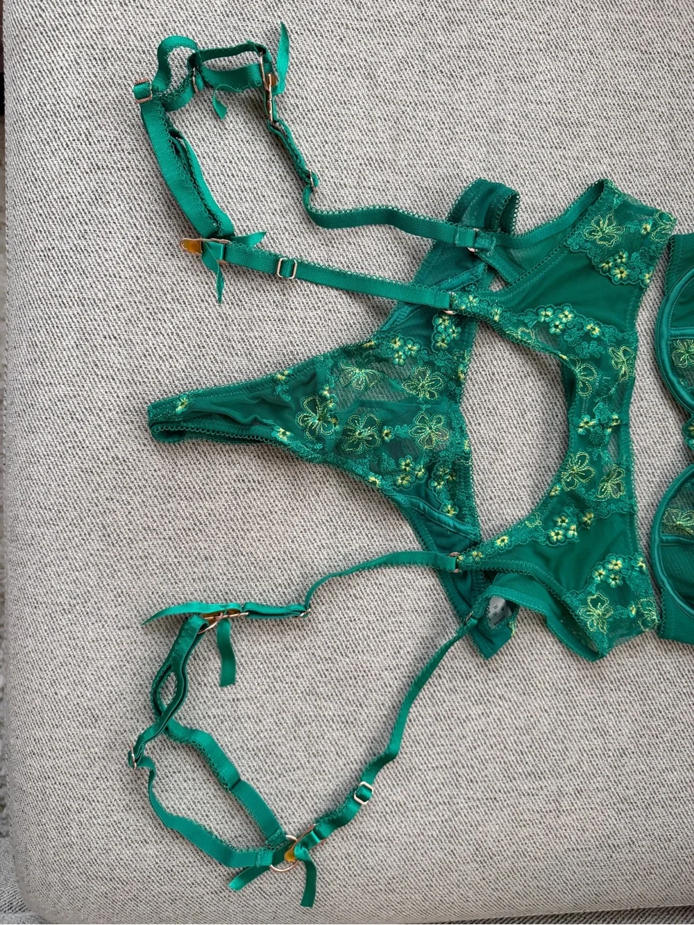 Elegant Green Floral Embroidered Lingerie Set